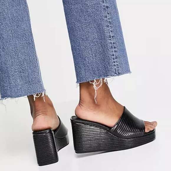 Asos Design Y2K Style Topaz Square Toe Wedge Black Mules Size 7 - Picture 2 of 13